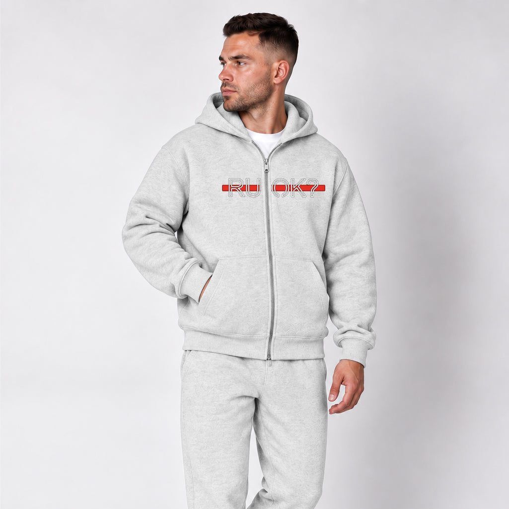 Heavyweight Zip-Up Stigma-Breaking Hoodie, Red Line, photo 3 - Firefighter Mental Health Apparel - DeemedFit #oat-gray