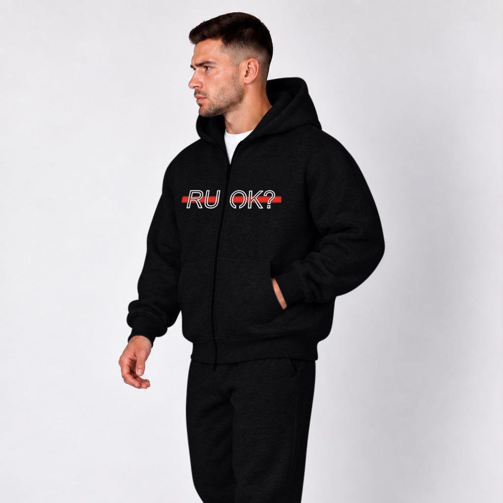 Heavyweight Zip-Up Stigma-Breaking Hoodie, Red Line, photo 4 - Firefighter Mental Health Apparel - DeemedFit #black