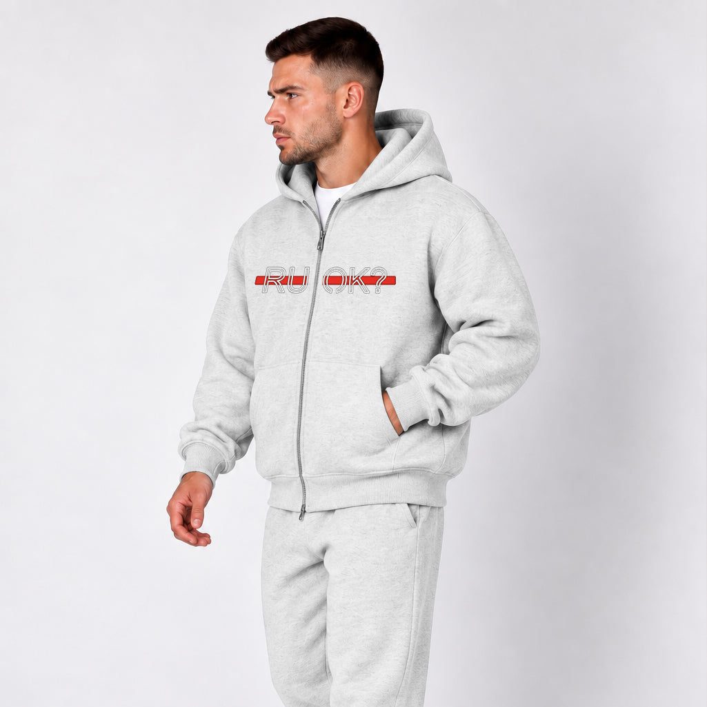Heavyweight Zip-Up Stigma-Breaking Hoodie, Red Line, photo 8 - Firefighter Mental Health Apparel - DeemedFit #oat-gray